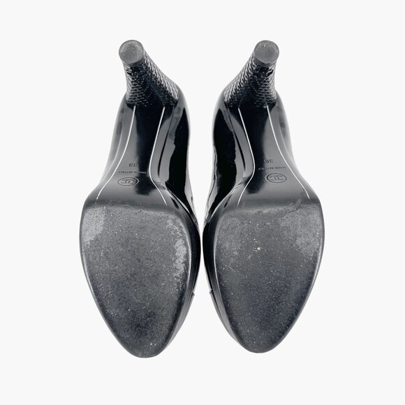Chanel Platform Pumps Size 38 US 7-7.5 Black Patent Cap Toe Mary Jane Mid Heel - Picture 13 of 15
